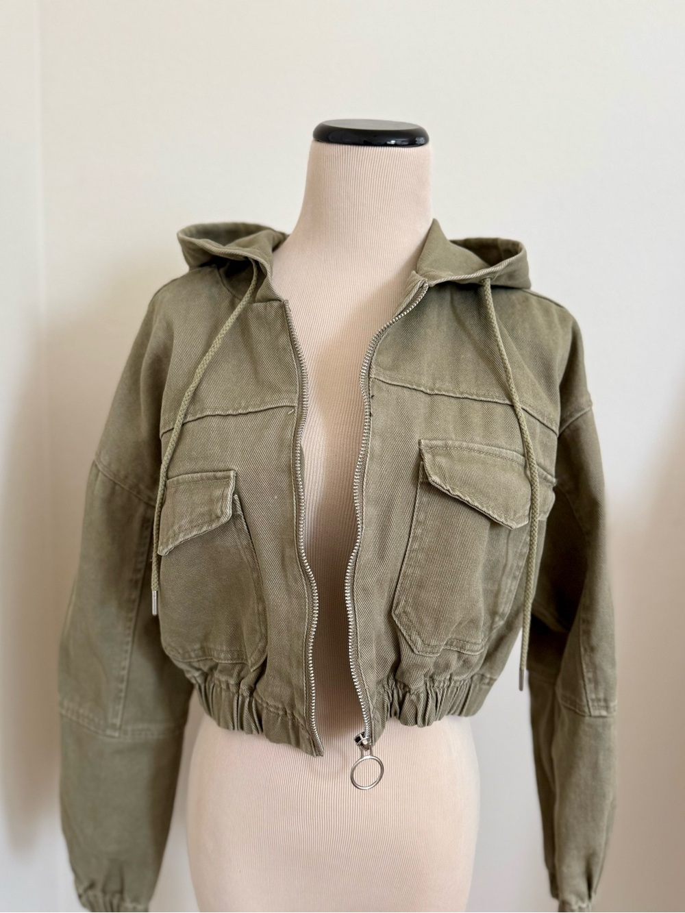 NWT Vintage Stoosh Crop Hooded Utility Cotton Cargo Zipper Jacket S